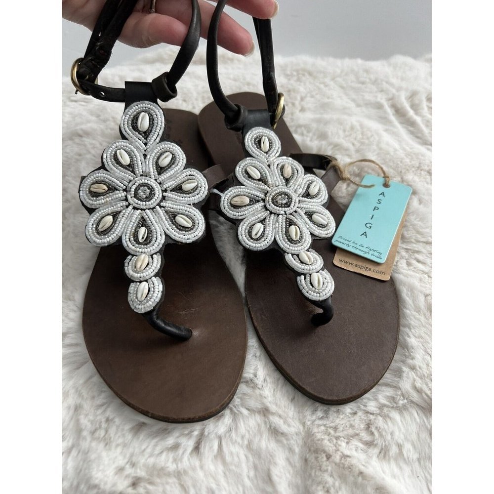 ASPIGA Leather Beach Wedding Sandals New 37 US  6.5- 7 Beaded Shells Boho